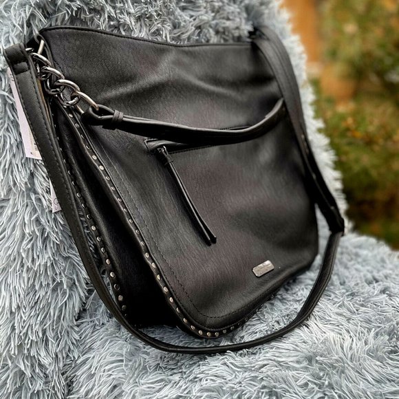 Jessica Simpson Crossbody Satchel Tote Purse Black Leather Silver Stud & Chain - Picture 1 of 7